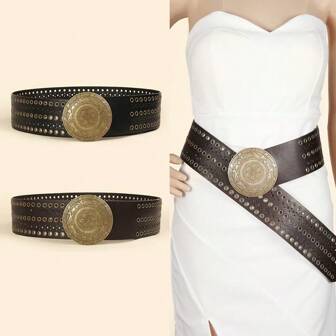 1 件女士复古风格古铜色 PU 装饰腰带，适合全年穿着