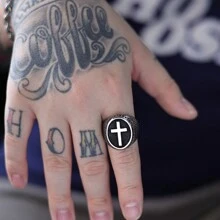 1Piece Stainless Steel Vintage Oval Chain And Christian God Blessing Cross Signet Ring For Man