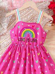 Young Girls' Colorful Strap Rainbow & Heart Print Casual Sundress, Spring/Summer