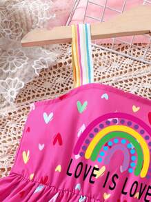 Young Girls' Colorful Strap Rainbow & Heart Print Casual Sundress, Spring/Summer
