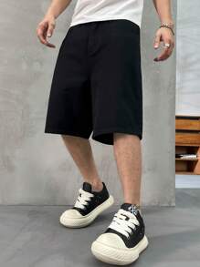 Men's Printed Denim Shorts, Solid Color Casual Daily Wear, Minimalist Style - Black - View 6