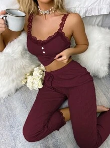 2 pièces Ensemble femme casual de couleur unie avec garniture en dentelle contrastée, Top brassière en maille côtelée avec bouton et détail col en V, pantalon, tenue de maison et vêtement de nuit confortable, ensemble deux pièces, vacances