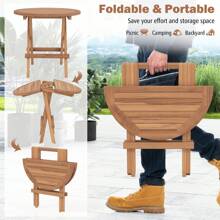 Lifezeal Patio Folding Side Table Indonesia Teak Wood Round Slatted Tabletop Portable Camping