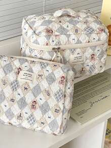 Bolsa de cosméticos vintage con forma de rombo de oso de peluche, estuche de maquillaje con cremallera, tela acolchada suave y arrugada con estampado, dulce y lindo, bolsa de tocador de uso múltiple para el hogar, viajes, lavado diario, bolsa de viaje de tocador, almacenamiento de maquillaje, bolsa de playa, artículos esenciales para vacaciones, útiles escolares, artículos esenciales de viaje, para mujer, para la universidad, dormitorio, baño