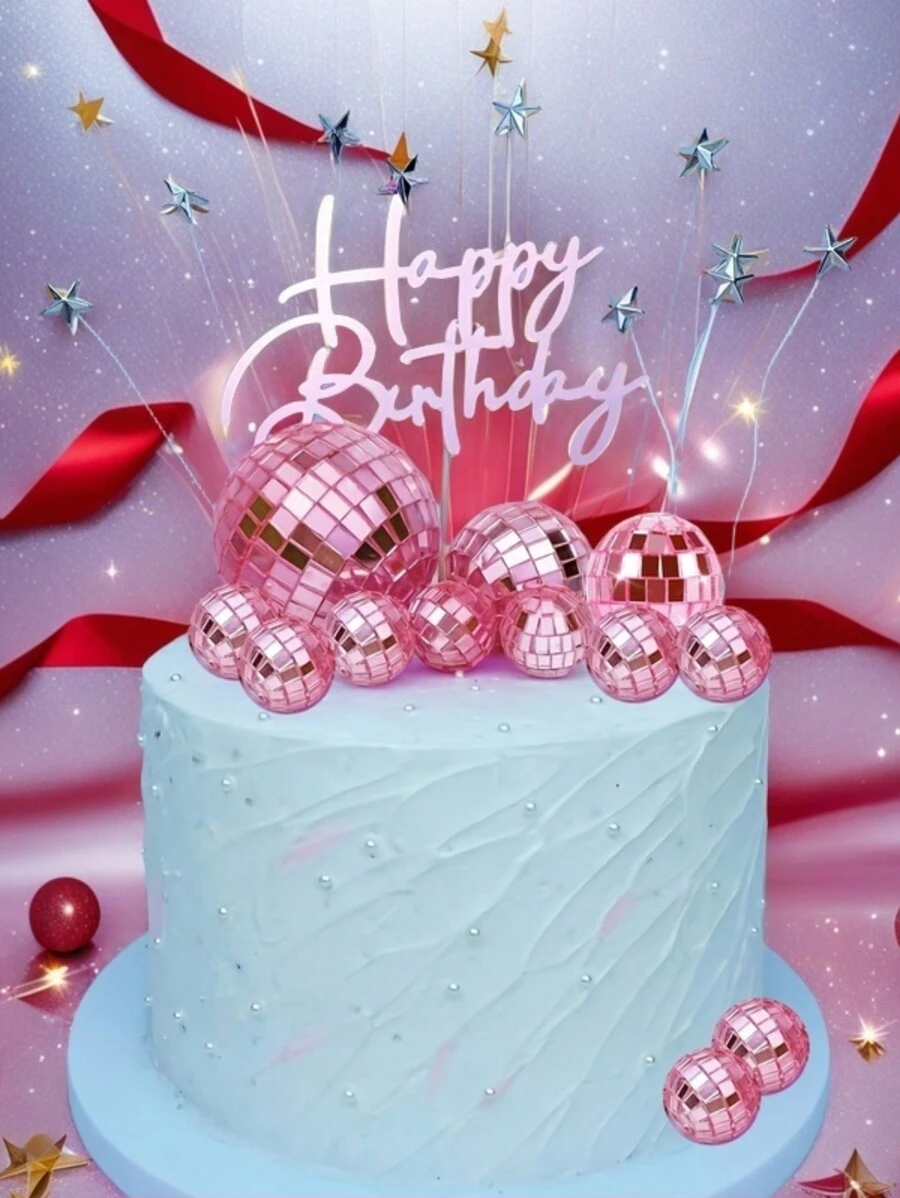 9PCS/17PCS Pink Disco Ball Cake Decorations Reflective Mirror Ball Cake Decorations Suitable For 70s Disco Theme Party Decorations Birthday Holiday Party Decorations