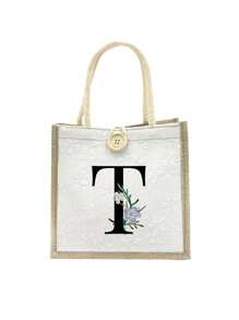 Daisy Flowers Initials Pattern Handbag,Letters A-Z Printed Linen Handbag,Small Floral Linen Button Decorative Handbag - White - View 20