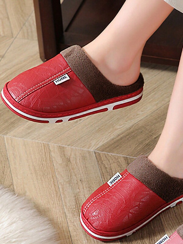 Fashion Warm Men & Women's PU Leather Waterproof Indoor Plush Lined Thick Wool Fleece Slippers For Home Use