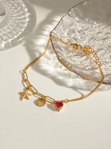 Uworld 1 pieza de brazalete de cadena de acero inoxidable de moda y personalizado para mujer con colgante de estrella de mar, concha, corazón y piedra natural. Adecuado para uso diario, vacaciones, playa o como regalo