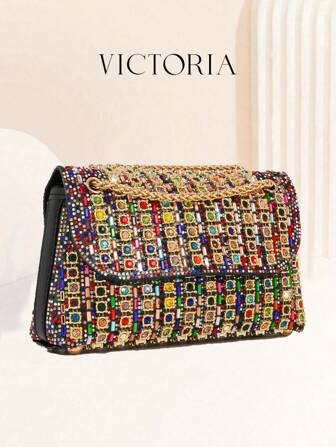 Glittering Gemstone Embellished Evening Clutch Purse, Retro Underarm Bag Suitable For Wedding, Party, Dinner, Valentine's Day Gift