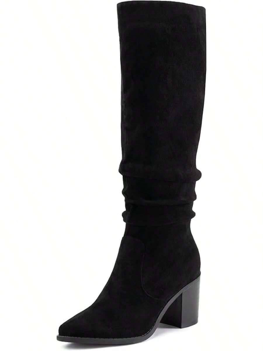 Women's Knee High Chunky Heel Faux Suede Pointed Toe Side Zipper Boots, Athleisure Style - 黑色 - 查看 1