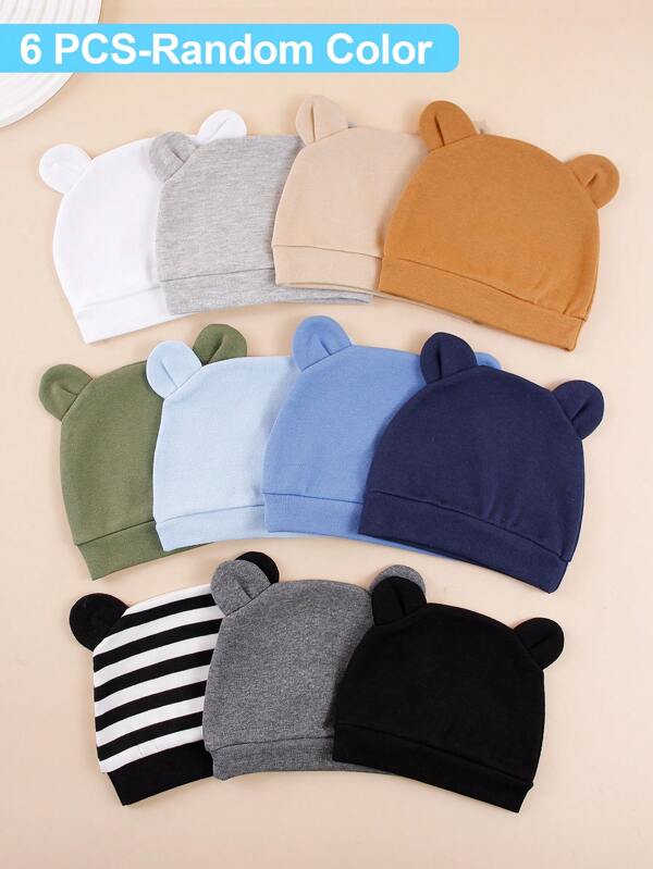 Set de 6 gorros de bebé de unicolor y estampados aleatorios de 0 a 3 meses, con decoración en las orejas, cálidos y protectores, apropiados para recién nacidos y uso diario al aire libre