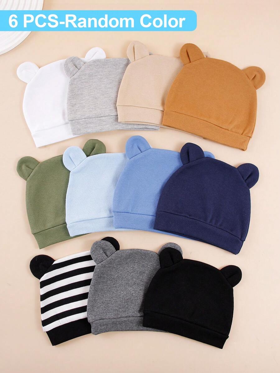 6pcs Random 0-3 Months Baby Infant Solid Color & Printed Ear Decor Warm Protective Cute Daily Casual Beanie Hats, Suitable For Newborns Outdoor Daily Use