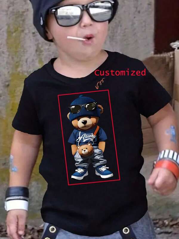 Camiseta de manga corta y cuello redondo casual para niños pequeños con estampado de oso de peluche, simple y versátil, para verano
