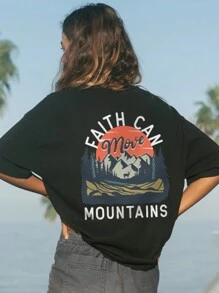 女士休闲圆领字母和植物印花短袖 T 恤，日常时尚百搭，夏季 - 黑色 - 查看 1