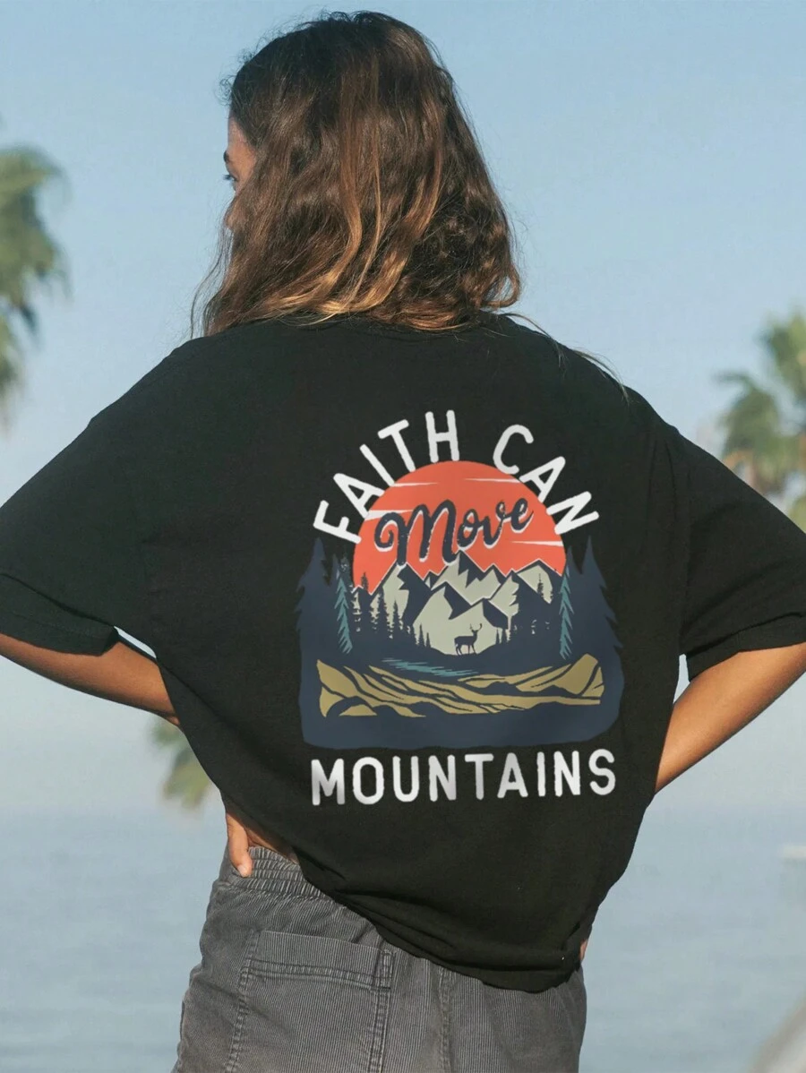 女士休闲圆领字母和植物印花短袖 T 恤，日常时尚百搭，夏季 - 黑色 - 查看 1