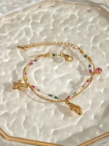 Uworld 1 pieza de brazalete de cadena de acero inoxidable de moda y personalizado para mujer con colgante de estrella de mar, concha, corazón y piedra natural. Adecuado para uso diario, vacaciones, playa o como regalo