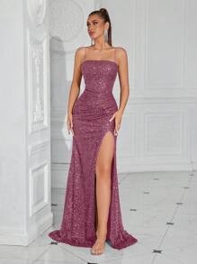 ADYCE 亮片露背褶皱开衩女士长裙，适合派对、活动、婚礼宾客、正式场合、晚宴等场合。