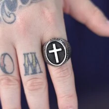 1Piece Stainless Steel Vintage Oval Chain And Christian God Blessing Cross Signet Ring For Man