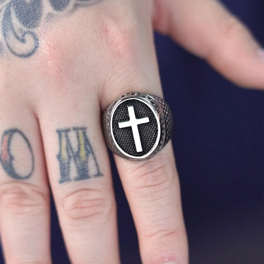 1Piece Stainless Steel Vintage Oval Chain And Christian God Blessing Cross Signet Ring For Man