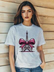 Women'sValentine's Day Romance Love Cartoon Print T-Shirt Fashion Short Sleeve Round-Neck Slm Fit Tops Summer Casual Streetwear
