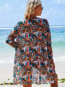 3-Pieces Geometric Print Bikini Sets, V Neck Boxer Short Bottom With Cover Shirt Long Sleeves Swimsuit, Women's Swimwear & Clothing Valentine's Day - 綠色 - 查看 2
