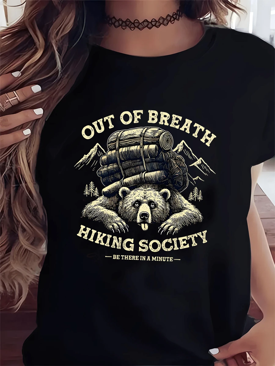 Vintage Out Of Breath Hiking Society Design T-Shirt Crew Neck Tee Casual Comfy Tees
