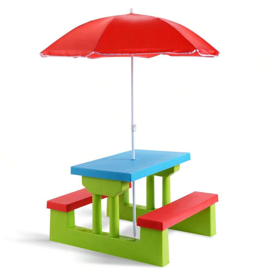 Kids Picnic Table Set With Removable Umbrella Indoor Outdoor Garden Patio Multicolor/Green - Green - View 1