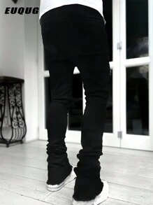 Men's Solid Slant Pocket Slim Fit Jeans Long Washed Flare Cross Print Jeans Solid Black Party Streetwear, Rapper, Emo Style