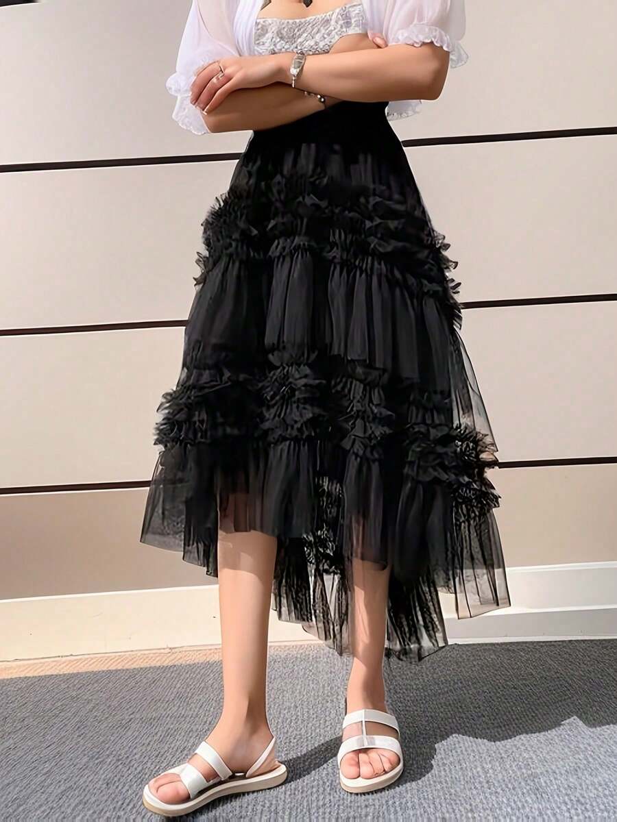 Women Mesh Skirt Elegant Long Skirt High Waist - màu đen - Xem 1