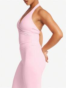 Women Workout Tank Tops Vest Sleeveless Backless Solid Colour Slim Fit Summer Halter Neck Crop Tops For Yoga Running Fitness - Pink - View 5