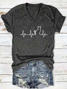 Women's Casual V-Neck Graphic Tee - Soft, Short Sleeve, Machine Washable - Perfect For Summer - 深灰色 - 查看 1