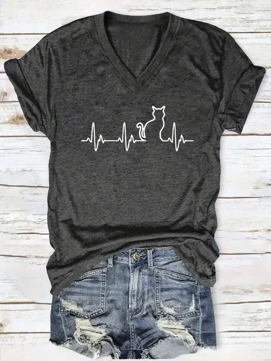 Women's Casual V-Neck Graphic Tee - Soft, Short Sleeve, Machine Washable - Perfect For Summer - 深灰色 - 查看 1