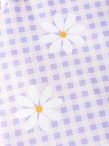 طقم للرضع والبنات الصغيرات مكون من توب قصير بطبعة زهرية بكشكشة بدون أكمام + أوفرول شورت بتطريز بأزهار الداوري البنفسجية مع أشرطة قابلة للتعديل