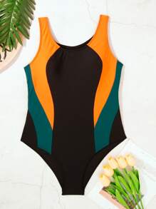 新款夏季女士运动比赛无袖连体泳衣，运动泳装，撞色时尚露背设计，适合竞技游泳、海滩和训练度假。 - 彩色 - 查看 6