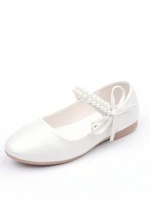 CAIWENNIAO Pearl Girls Shoes, Soft Sole Princess Dress Shoes, White Piano Performance Flats (New Model)