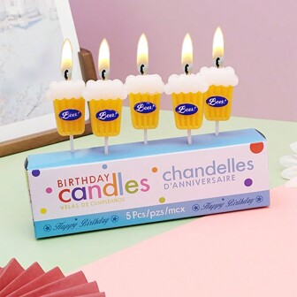5pcs/Set Yellow Beer Bottle Shaped Birthday Cake Candles, Cartoon Design Cake Decorations Suitable For Father's Day Birthday
