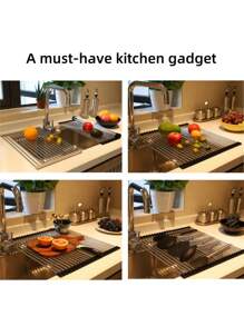 1 pièce Égouttoir extensible en acier inoxydable à placer sur l'évier, couleur noire et grise avec des bras réglables. Organisateur de cuisine/salle de bain fonctionnel pour plats, ustensiles de cuisine, légumes et fruits. Cadeau de Nouvel An et de Noël