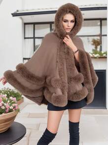 1 Peça Casaco de Suéter Longo Oversized com Capuz, Gola de Pele Sintética de Coelho, Bainha com Franjas, Tecido Acrílico Tricotado, Estilo Europeu e Americano, Novo Outono/Inverno, para Vestido