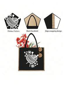 Tweedelige set linnen tassen, uitgerust met kleine make-uptassen, gebreide harten en bloemenpatronen - lichtgewicht en stijlvolle boodschappentassen voor dames, gepersonaliseerde geschenken voor huwelijksjubilea en verjaardagen van vrienden - Zwart - Bekijken 3