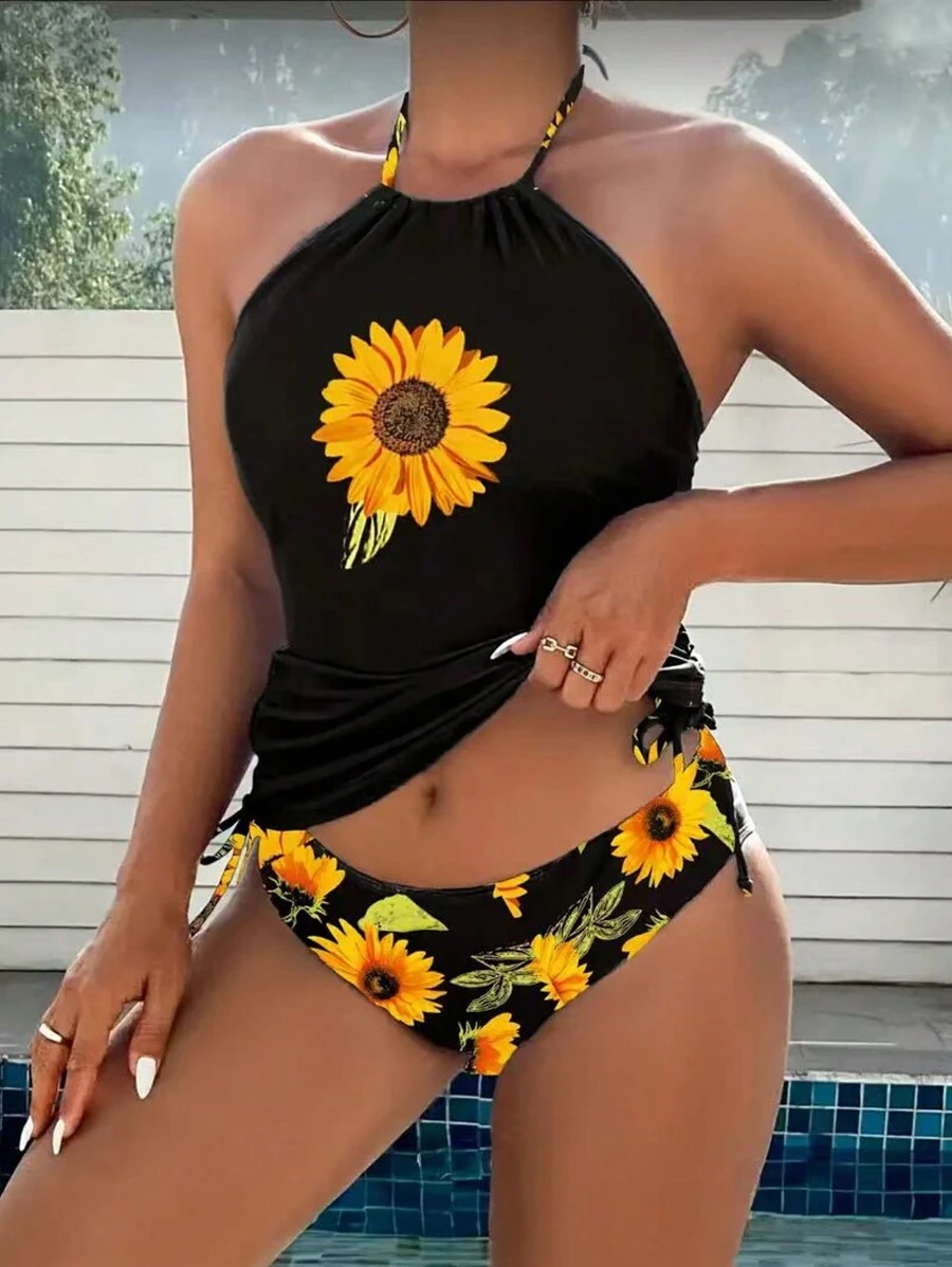 Women's Sunflower Printed Tankini Swimwear - Top And Bottom Set, For Summer Beach Vacation - Black - View 1