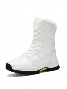 Women's Snow Boots, 2025 Autumn/Winter New Arrival Ladies High-Top Mid-Calf Lace-Up Comfortable Thick-Soled Non-Slip Durable Solid Color Black Ankle Boots, Fashionable Outdoor Hiking Trekking Warm Insulated Youth Female Leather Boots With Faux Fur Lining, Waterproof, Comfortable, Warm, Cold-Resistant