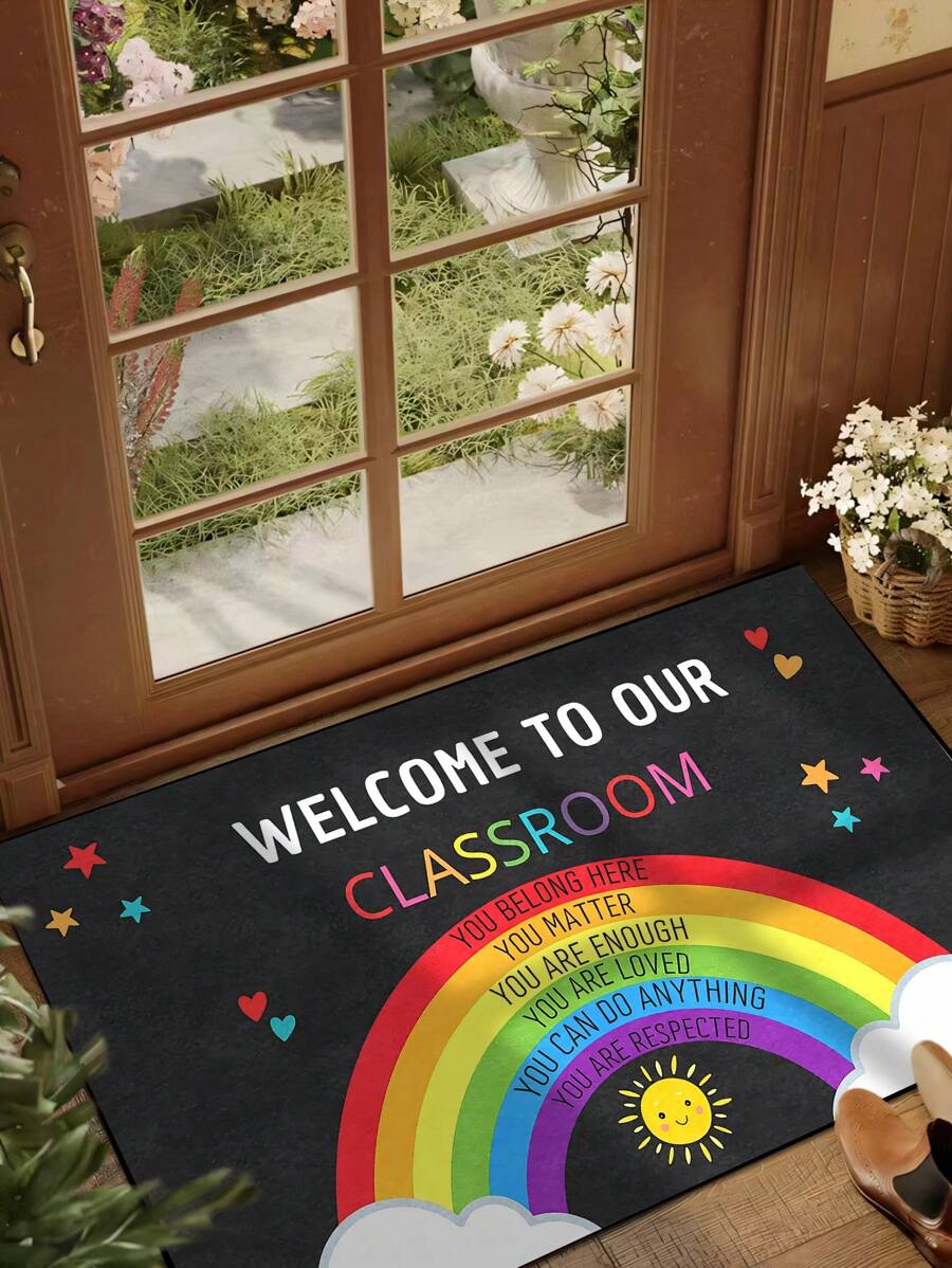 1 pezzo Zerbino di benvenuto in classe con motivo arcobaleno di incoraggiamento, zerbino in fibra di poliestere lavabile in lavatrice, adatto per ingresso, soggiorno, cucina, camera da letto, decorazione interna ed esterna, per tutte le stagioni - nero - Visualizzare 1