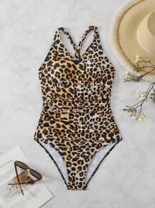 Nuevo traje de baño de una pieza de estilo deportivo para mujer con estampado de leopardo y espalda cruzada recortada, de moda - Café integral - Ver 3