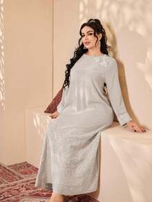 2026新款斋月传统优雅白色刺绣阿拉伯长袖3D立体花卉长袍 - 杏色 - 查看 8