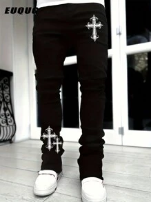 Men's Solid Slant Pocket Slim Fit Jeans Long Washed Flare Cross Print Jeans Solid Black Party Streetwear, Rapper, Emo Style