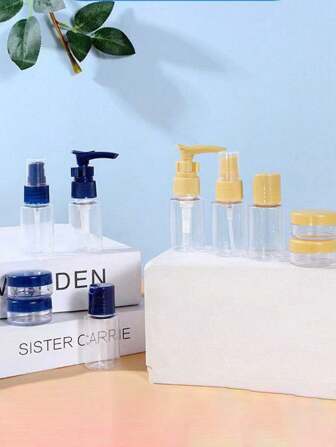 7 st Resetoalettflaskset, läckagesäker resebehållare sprayflaska, damburk, herrflaska, schampo och toalettartiklar, sminkvatten och badgel, förvaring av bärbara tillbehör