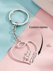 1pc Custom Heart Double Name Keychain, Stainless Steel Custom Heart 2 Names Couple Keychain, Simple Name Pendant Keychain Unique Charm Decoration Bag Charms, Valentine's Day Gift For Her, Birthday Gift, Christmas Gift