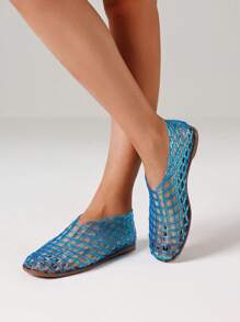 Bailarinas para mujer con malla recortada, dedo del pie redondo, zapatos transparentes recortados, cómodos y de ocio casual - Azul - Ver 2