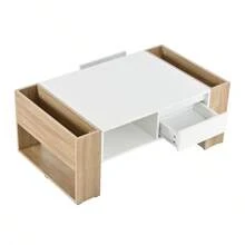 MERAX High Glossy Coffee Table With 2 Drawers, Practical Two Tone Center Table With Hidden Compartments, Rectangle Cocktail Table With Open Storage Shelf For Living Room, Bedroom, White/Black, 41.3*23.6" - Trắng + Tự nhiên - Xem 9
