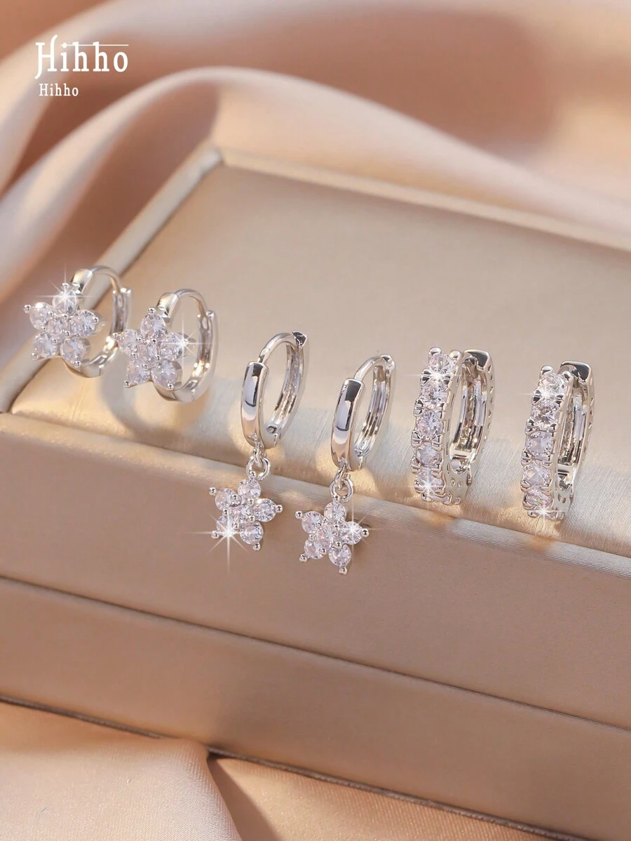 Hihho Set de 6 pendientes de aro con flores y piedras de circonia brillantes, joyería de lujo como regalo - Plateado - Ver 1
